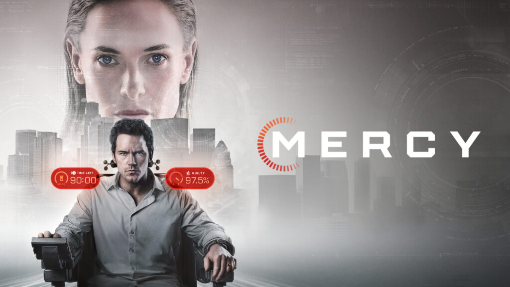 Mercy 2026 movie poster starring Chris Pratt and Rebecca Ferguson
